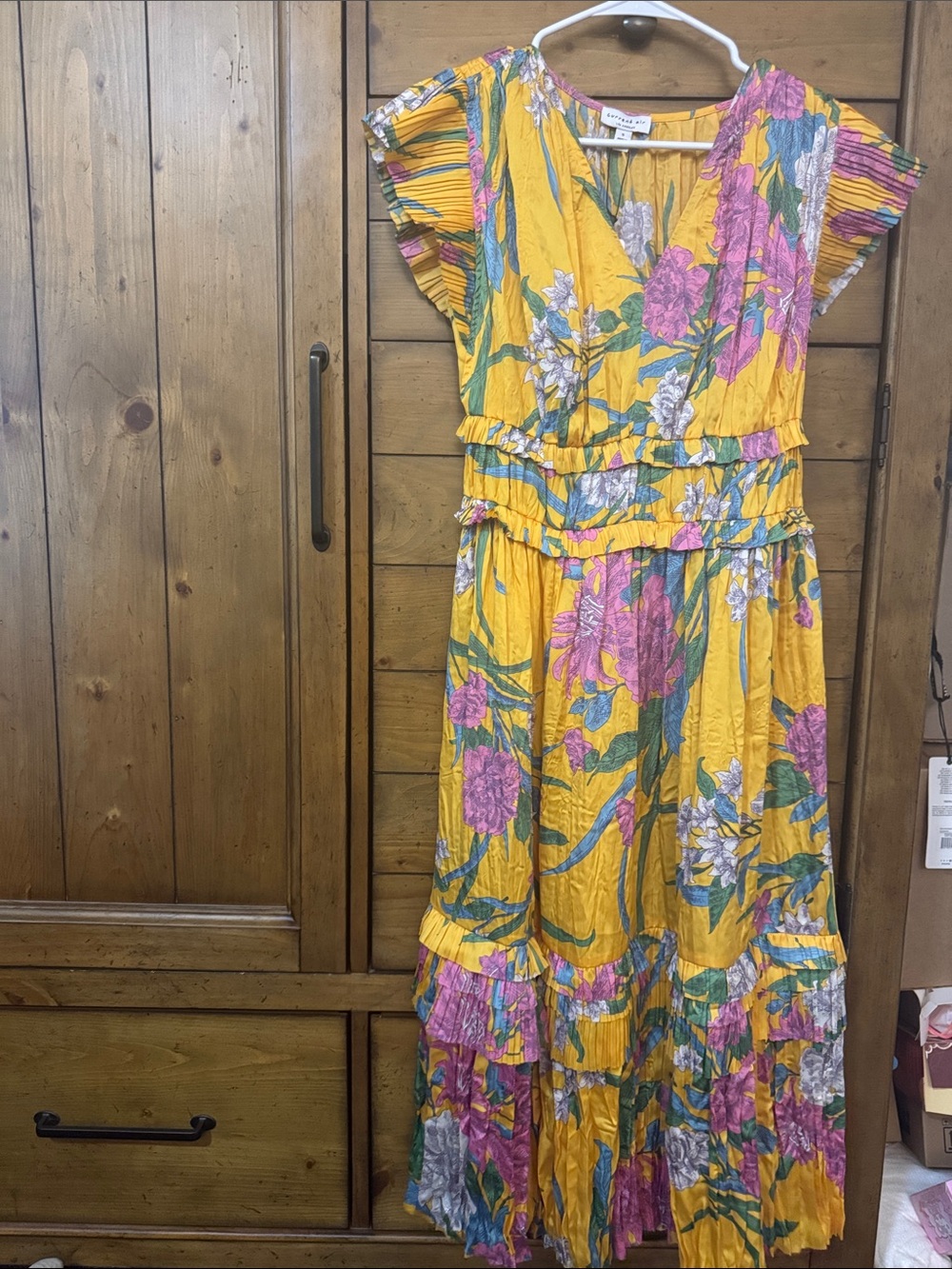 Current Air Yellow Floral V-Neck Tiered Maxi Dress with Pink Accents
